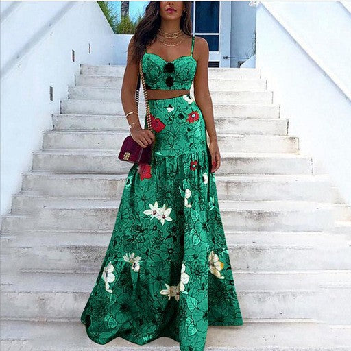 Spring Summer Printed Strap Two-Piece Skirt Set 3
