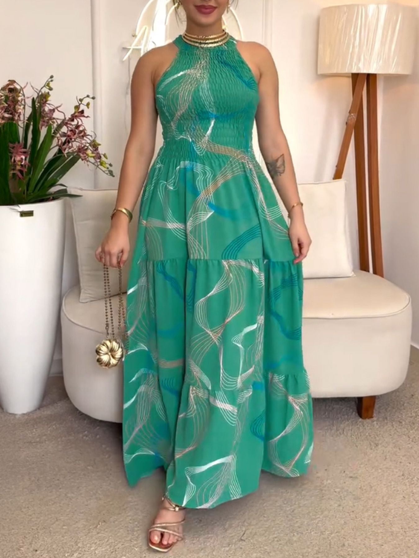 Women Halter Neck Sleeveless Sexy Print Dress 3