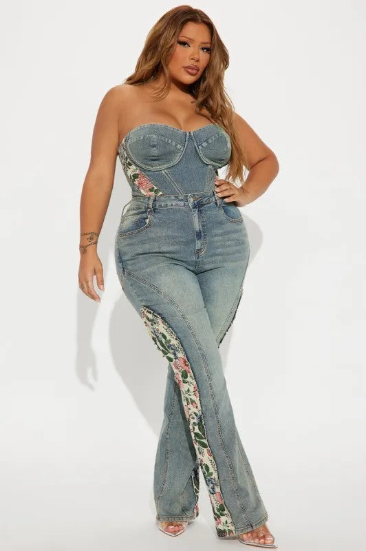 Patchwork Floral Denim Bell Bottom Pants 8