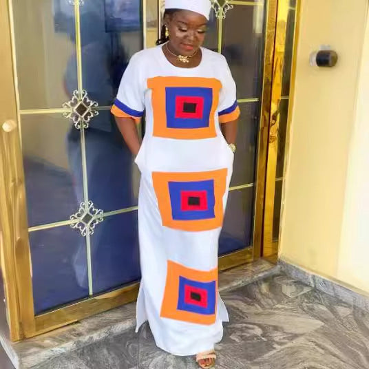 Contrasting Printed Side Slit Loose Long Dress 5