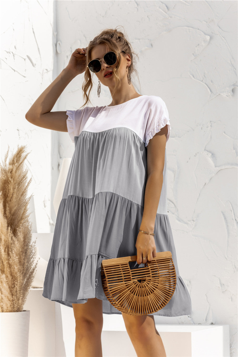 Women Summer Colorblock Loose Short Sleeve Dress 11