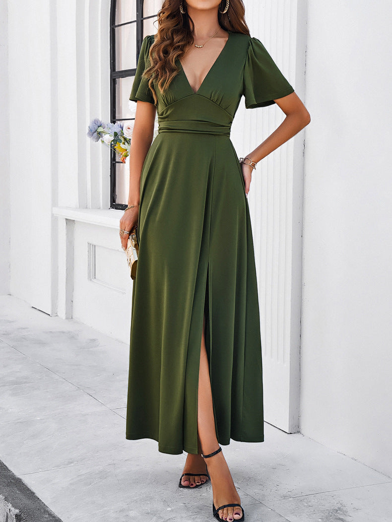 Women Spring/Summer Solid Chic V Neck Dress 4