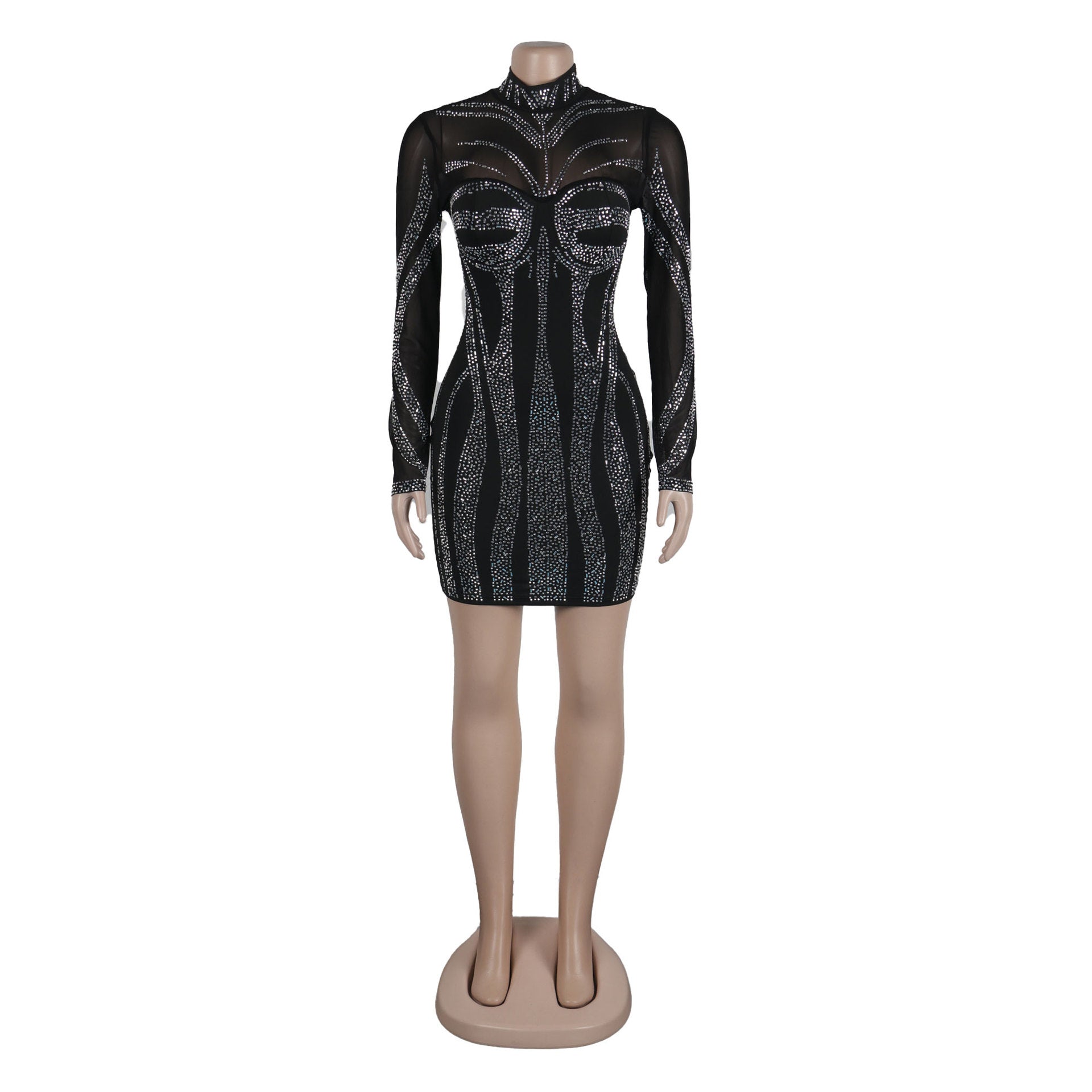 Sexy See-Through Beaded Mesh long sleeve Bodycon club dress 14