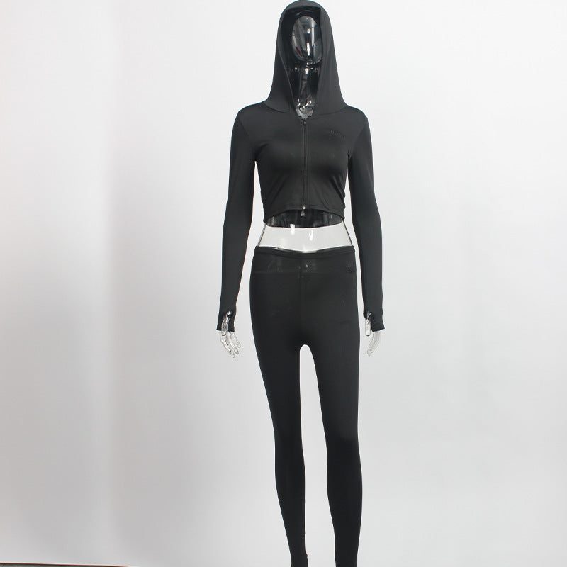 Women Solid Sexy Zipper Long Sleeve Top and Pant Two-piece Set 8