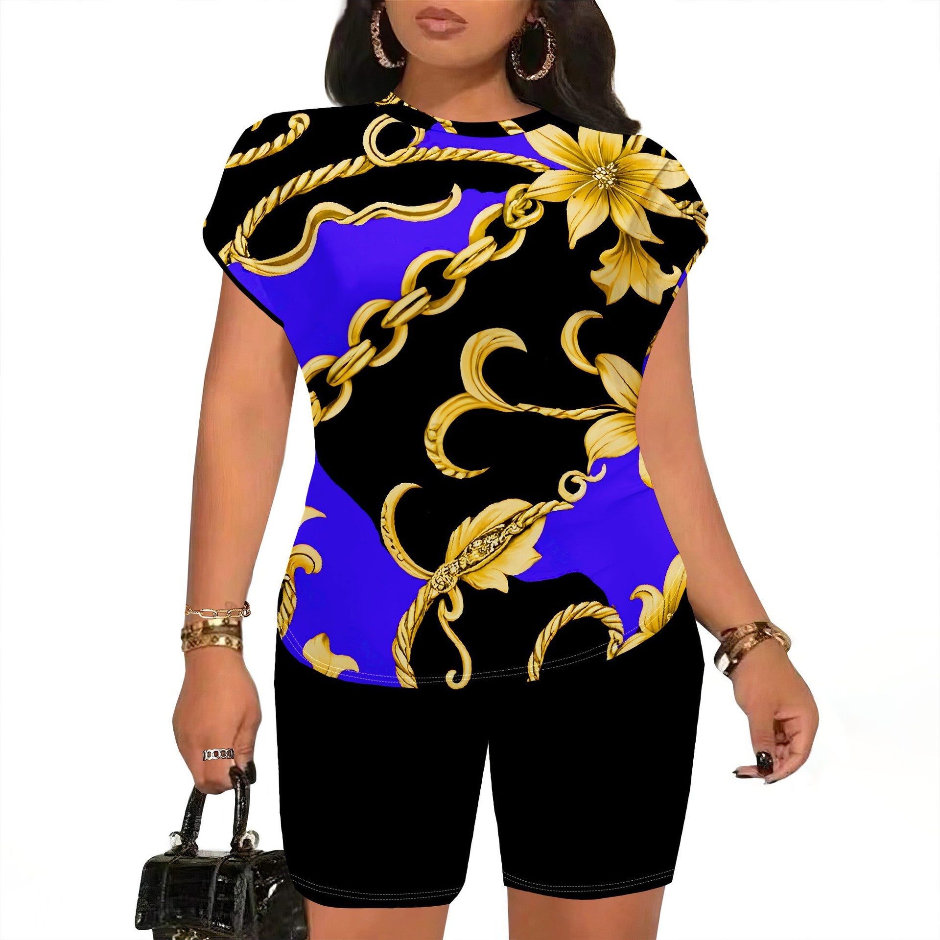 Women Fashion Printed Short Sleeve T-shirt and Shorts Two-piece Set 19