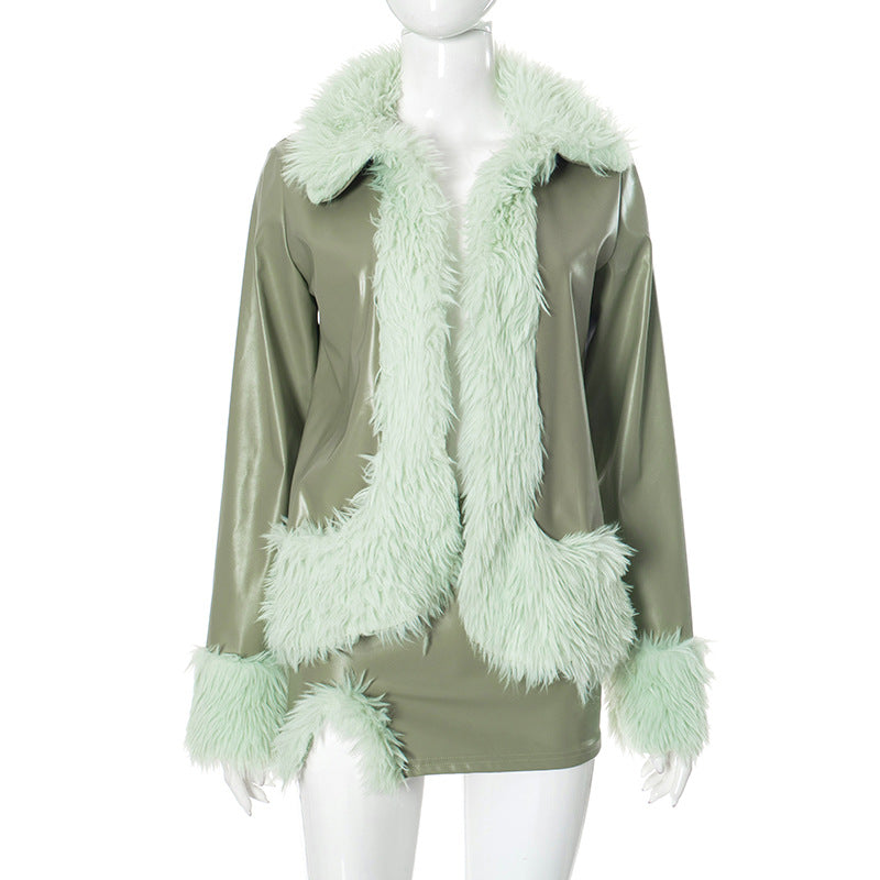 Women Pu-Leather Fur Collar Jacket and Skirt Two Piece Set 12