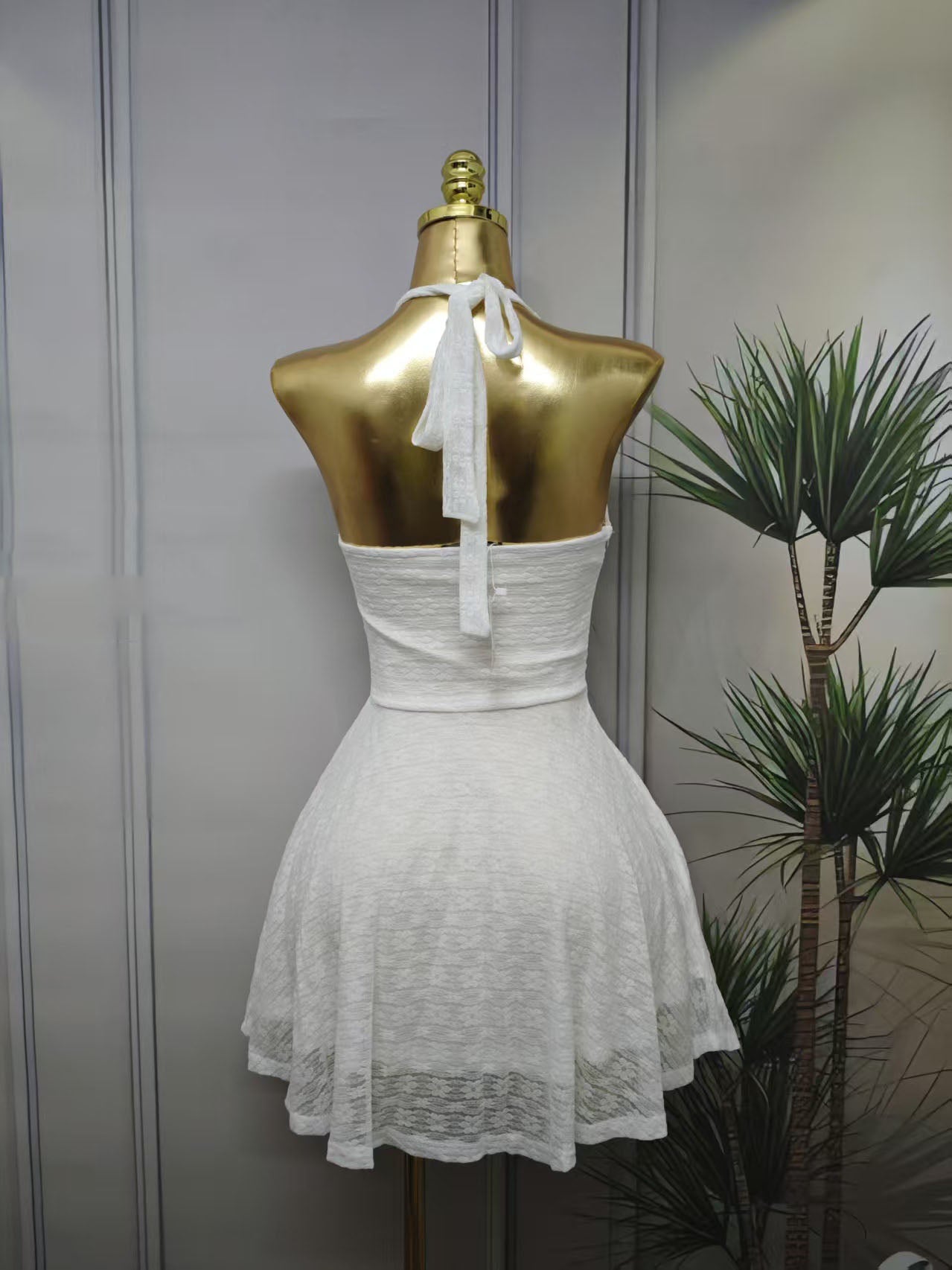 Women solid sexy backless Halter Neck Lace-Up Ruffle Edge Bodycon Dress 4