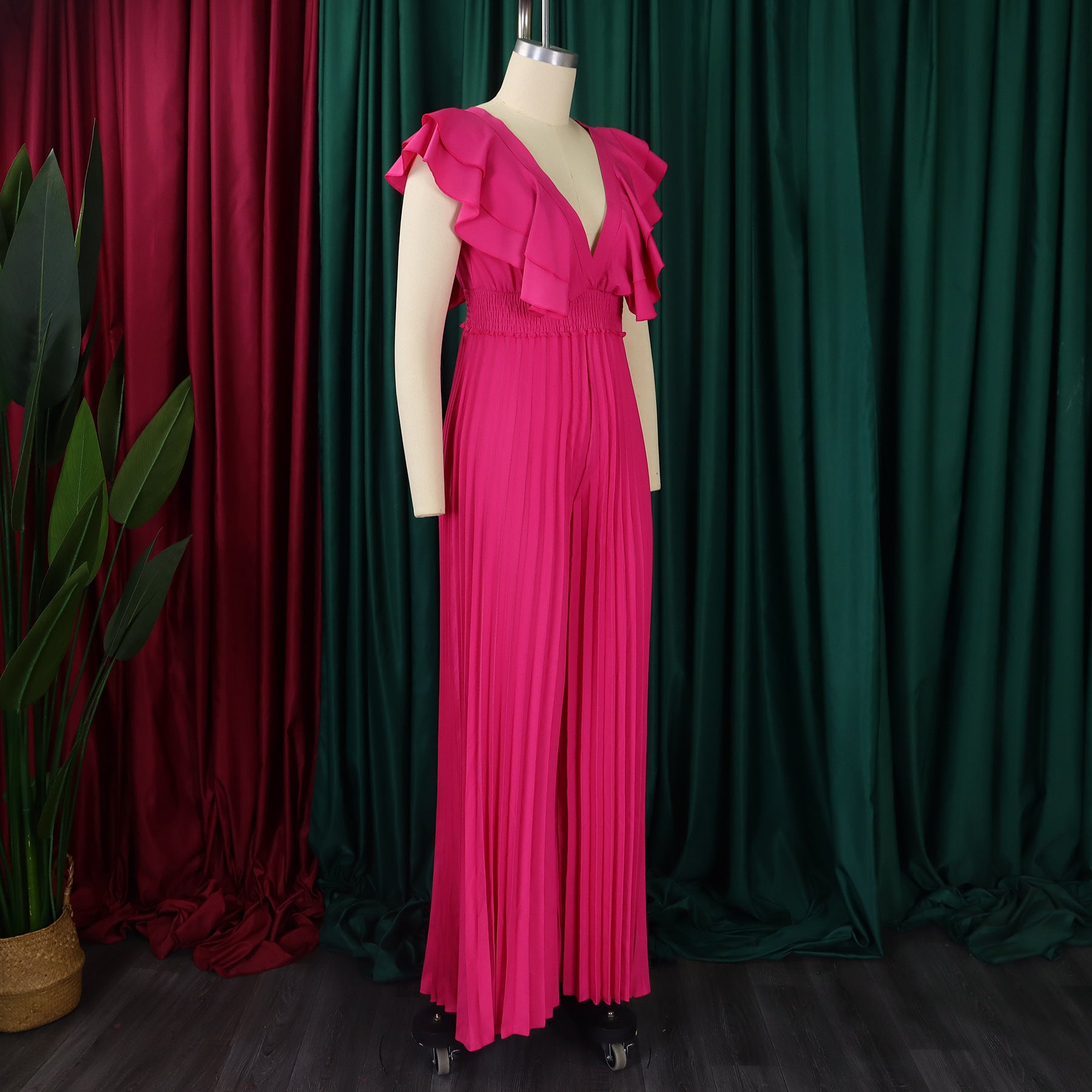 Women's Deep V Neck High Waist Sexy Ruffled Pleat Wide Leg Jumpsuit 14