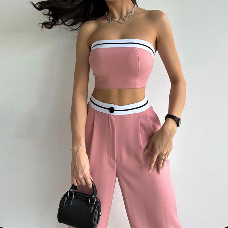 Women's Outdoor Wear Track Tank Strapless Contrasting High Waist Wide Leg Trousers Casual Set 4