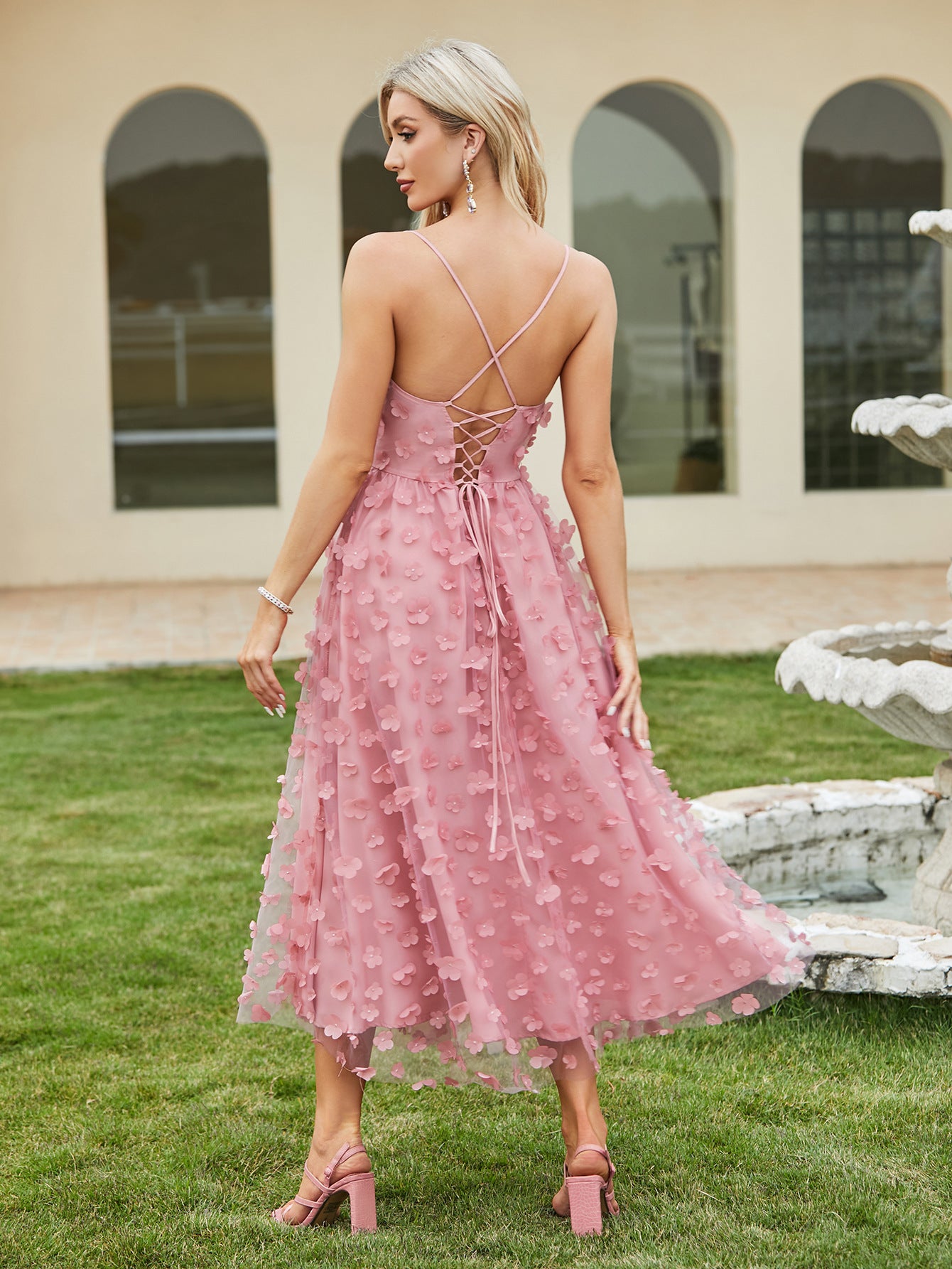 Summer Women's Lace-Up Low Back Elegant Sexy Mesh Strap Long Dress 5