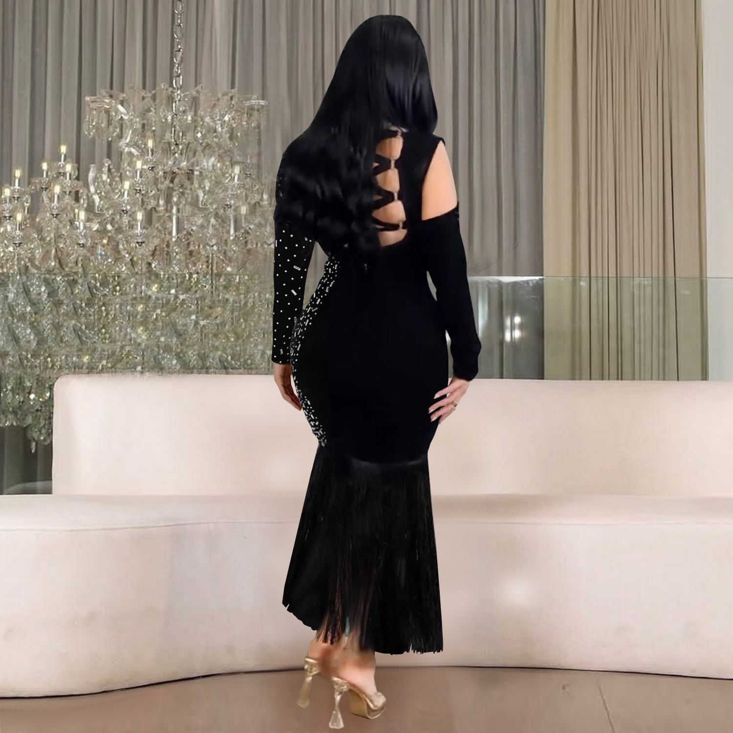 Fashion Women's Sexy Beaded Fringe Long-Sleeve Bodycon Dress 3