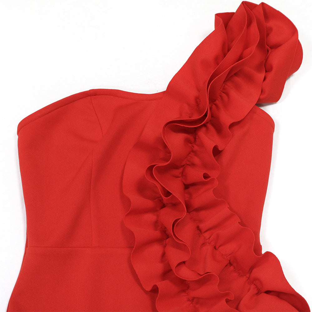 Women one shoulder ruffle edge formal party bodycon dress 14