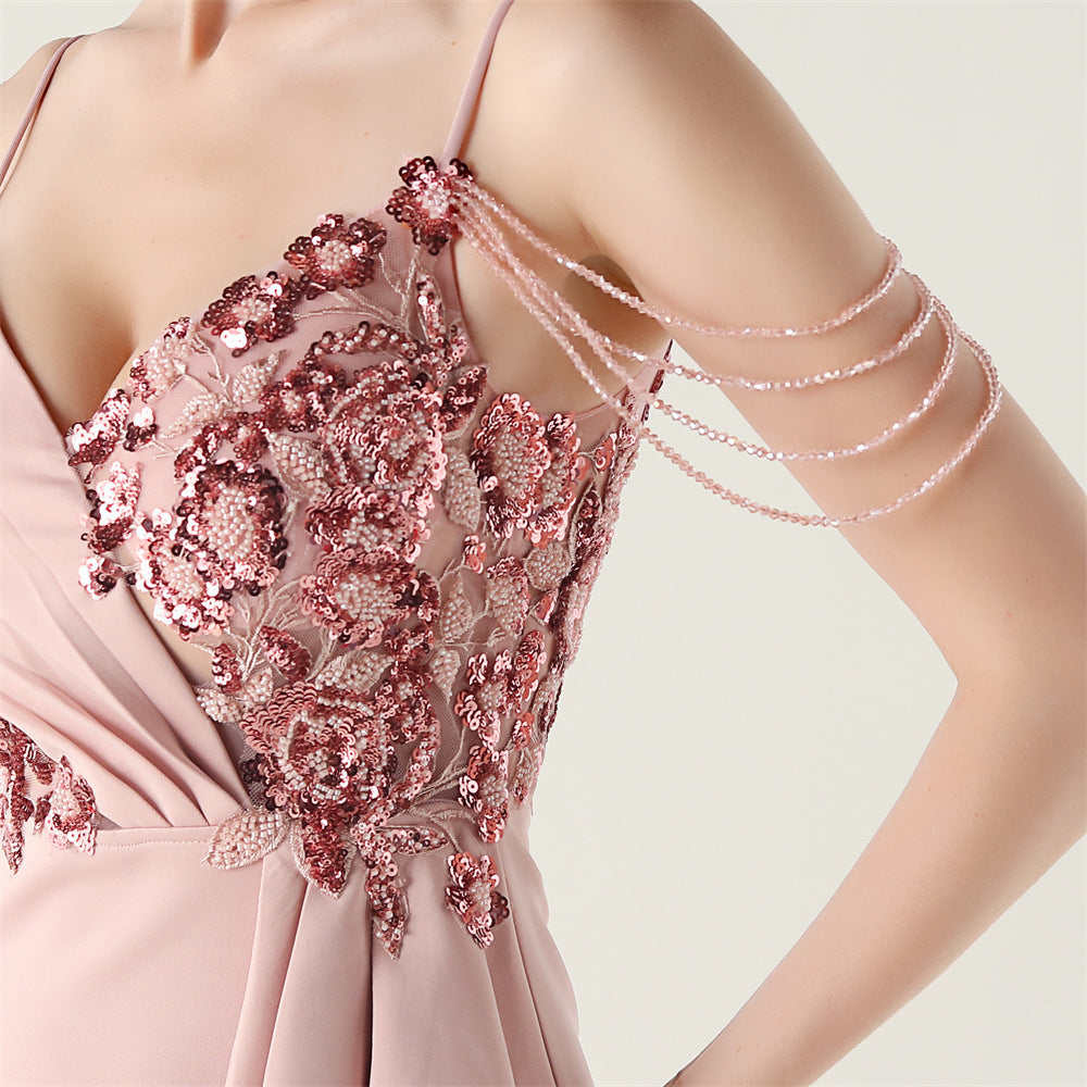 Women beaded tube sequin bow ruffle V neck suspender fishtail formal party evening dress 22