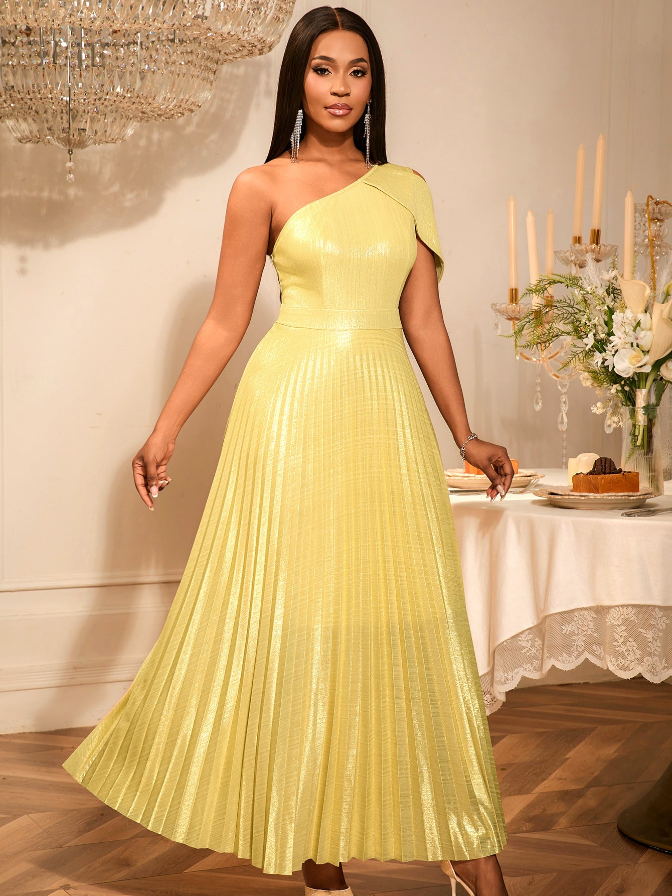 Sexy One-Shoulder Slim Pleated High-Waist Formal Party Evening Dress 9