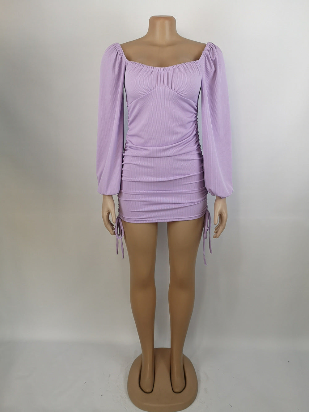 Women Sexy Drawstring Pleated Bodycon Long Sleeve Dress 29