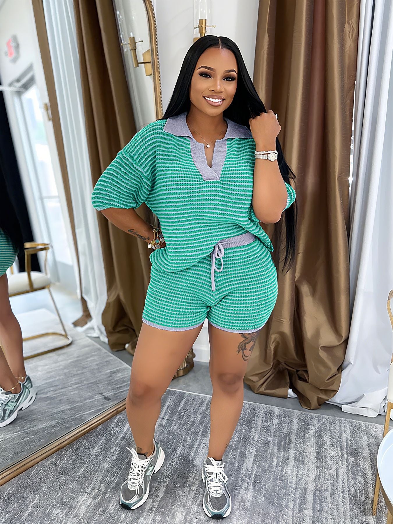 Women's Half-Sleeve V-Neck Striped Knit Top + High-Waist Shorts Casual Set 10