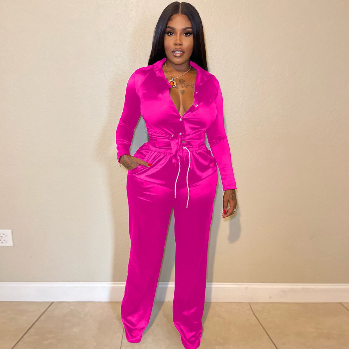 Fashion Stretch Solid Satin Long Sleeve Casual Two Piece Pants Set 4