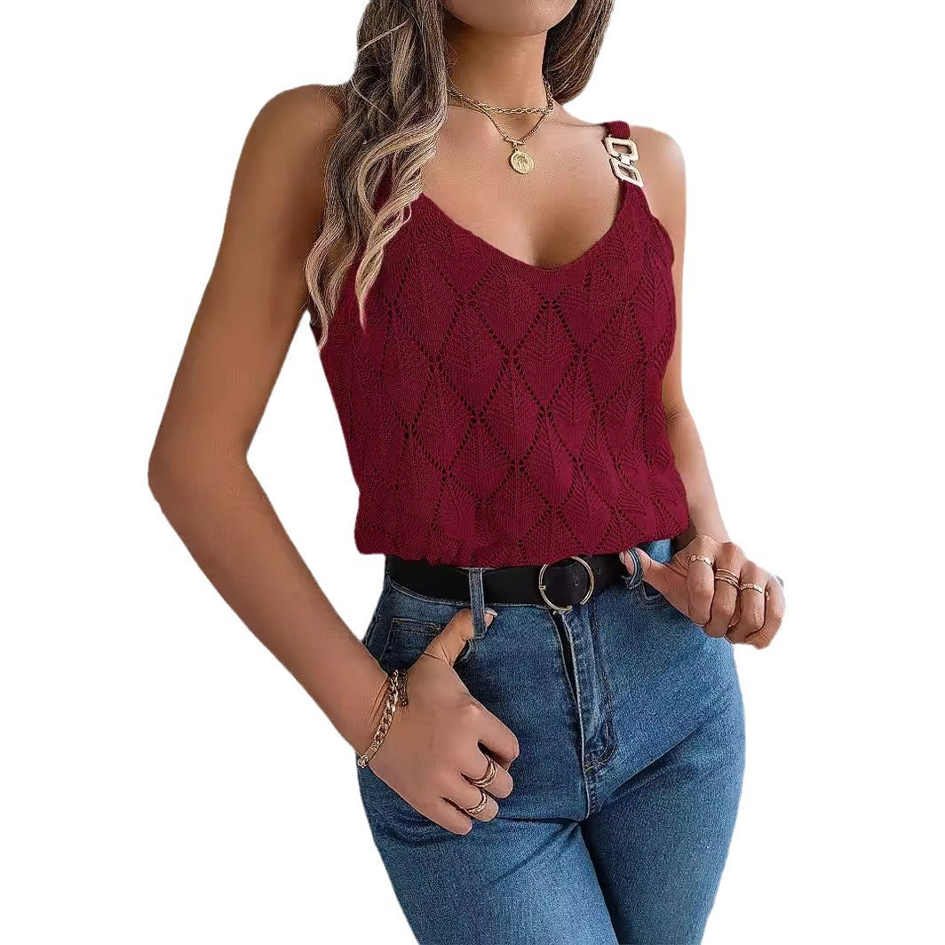 Women Spring Summer Holidays v-neck hollow metal buckle suspender knitting Top 10