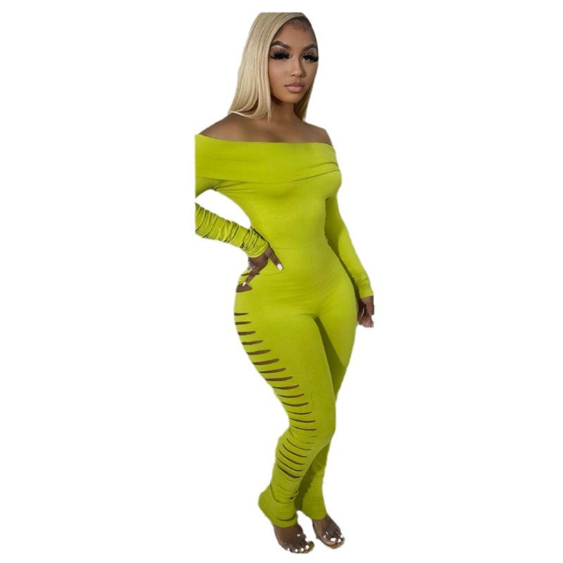 Women Off Shoulder long sleeve sexy Ripped Jumpsuit 7