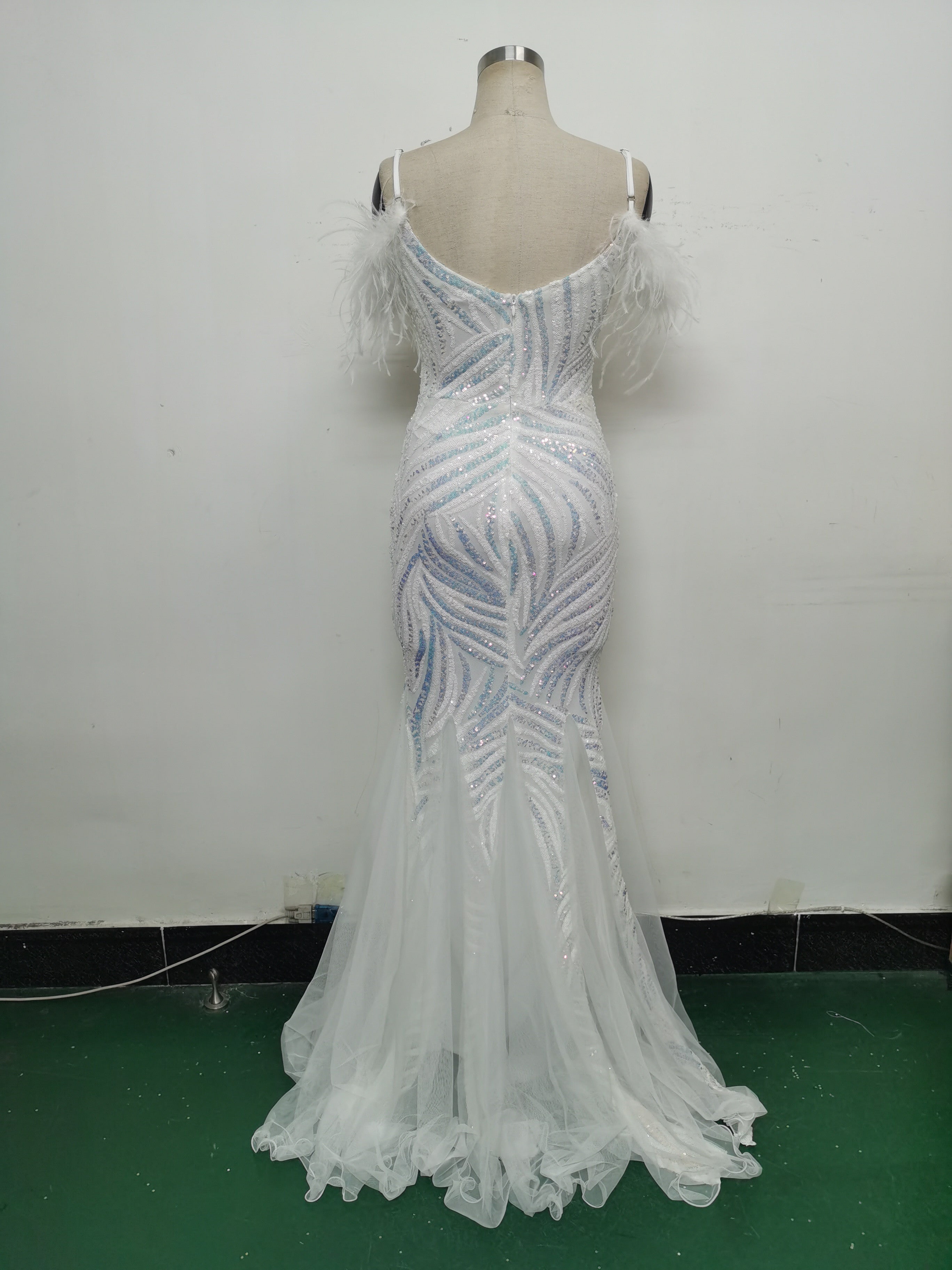 feather sequin Patchwork Mesh luxury evening dress 36