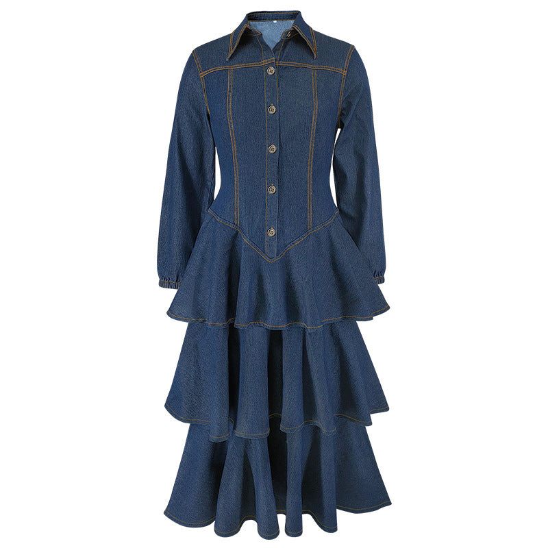 Women's Clothing Turndown Collar Long Sleeve Cascading Ruffles  Denim Long Dress 7