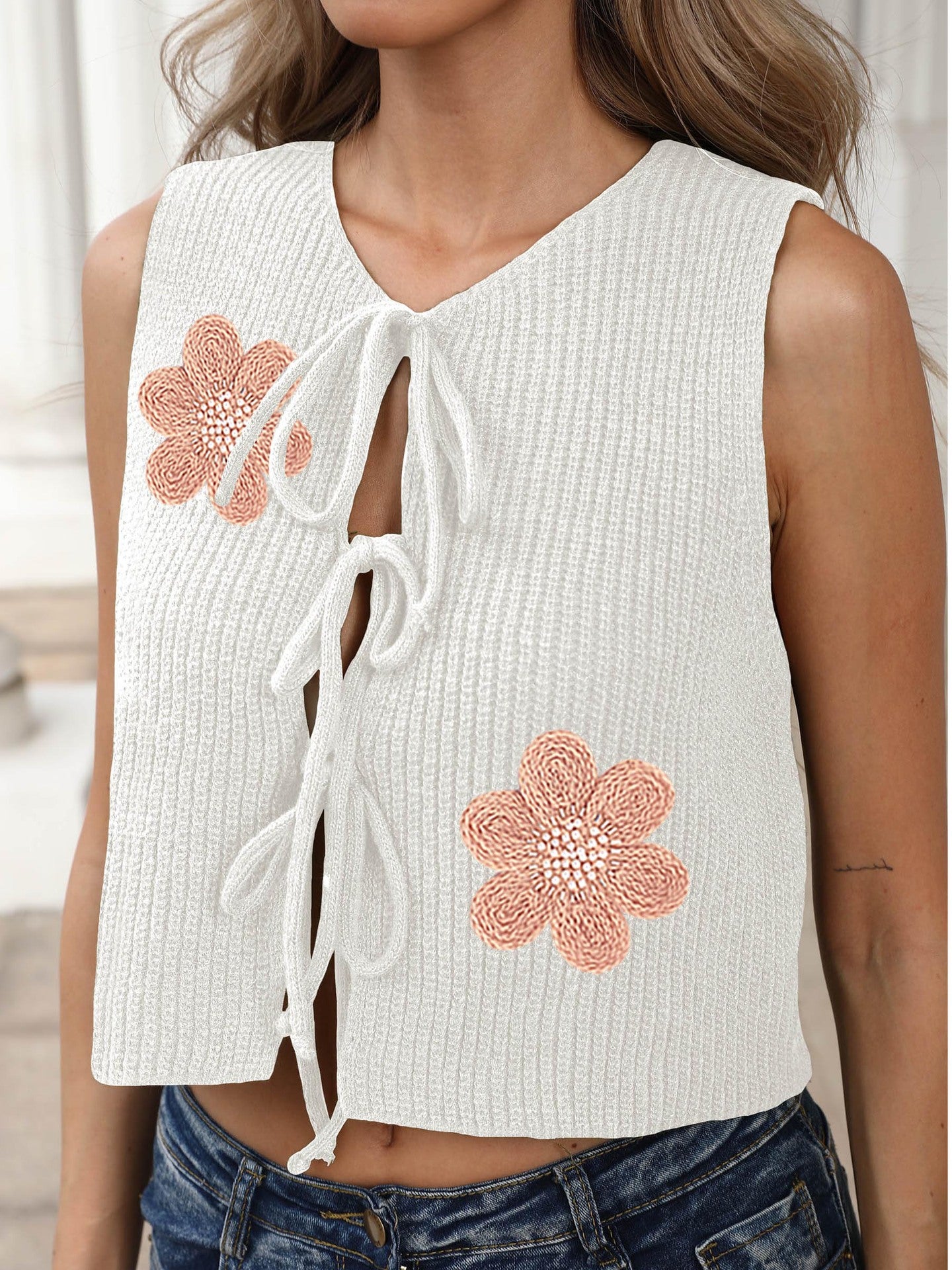 Women casual sexy lace-up bow western embroidered flower solid top 9