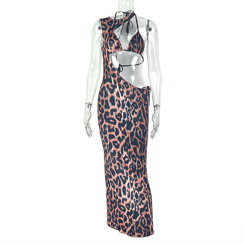 Women Beach Holidays Leopard Print Lace Halter Neck Top and Long Skirt Two Piece Set 7