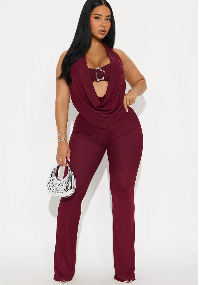 Women Summer Sexy Metal Strapless Halter Neck Top and Pants Two-Piece Set