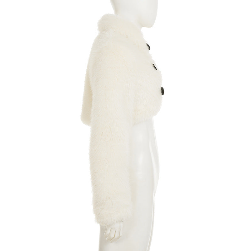 Women fall/winter faux furry metal Pu-Leather buttoned turndown collar top 9