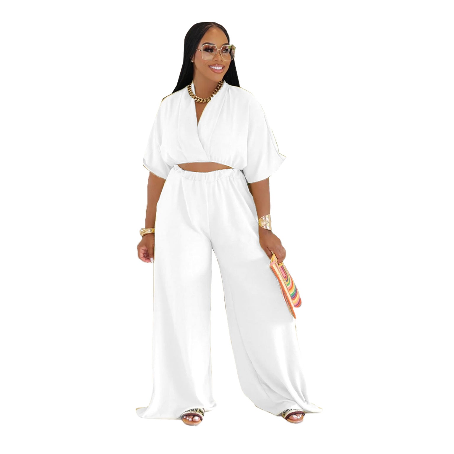 Women Casual V-Neck Crossover Top and Wide-Leg Pants Two-Piece Set 11