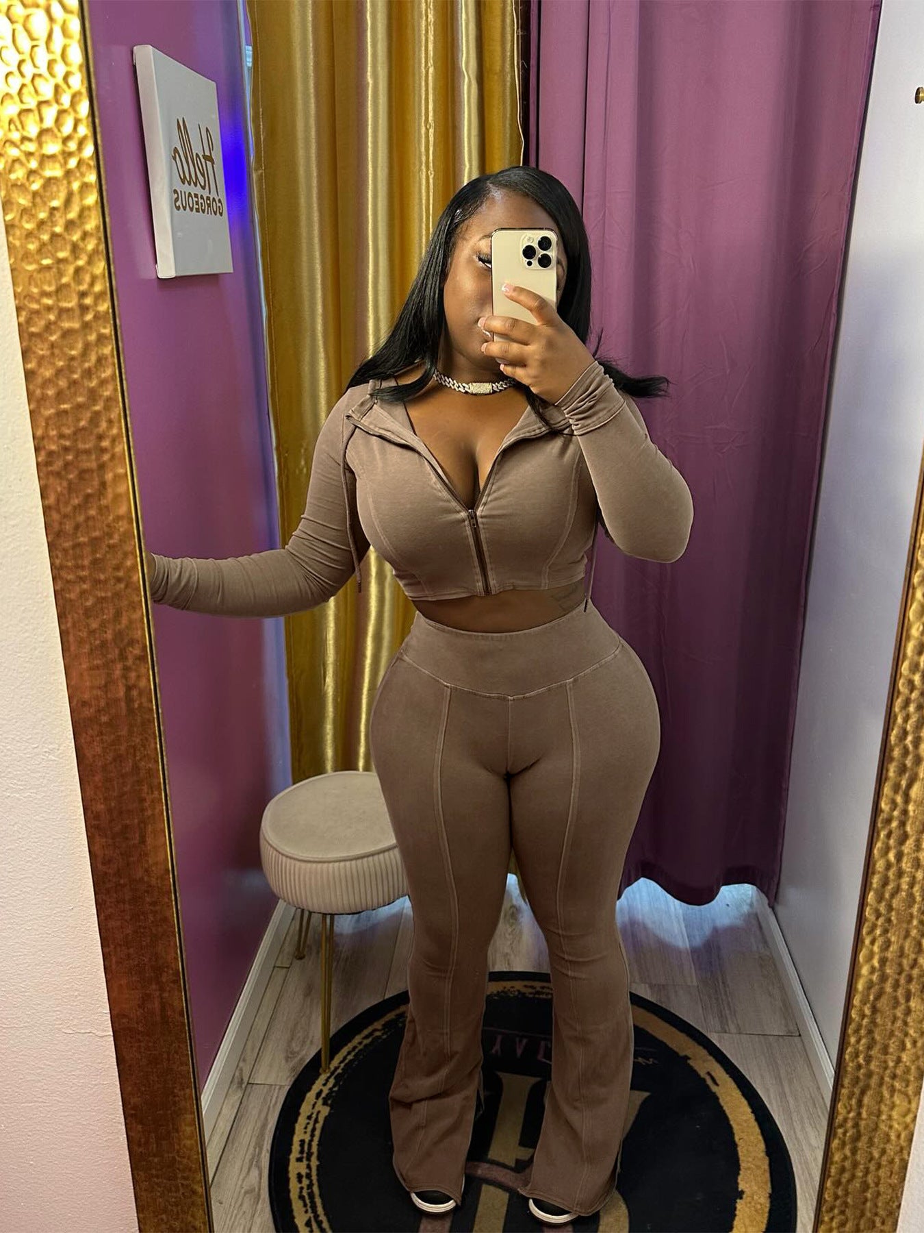 Women Washed Hooded Top and Bell Bottom PantTwo Piece Set 4