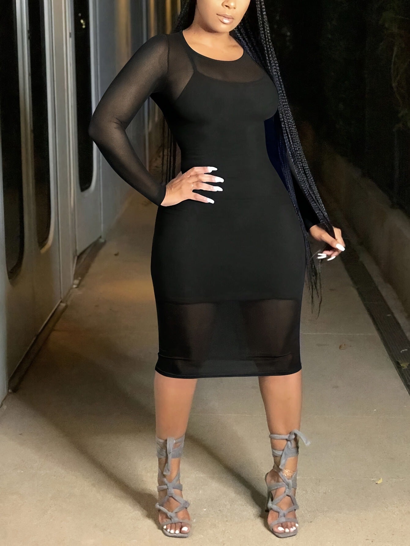 Autumn and winter Plus Size women's see through Round Neck long sleeve mesh dress strap tank dresss two piece set 4