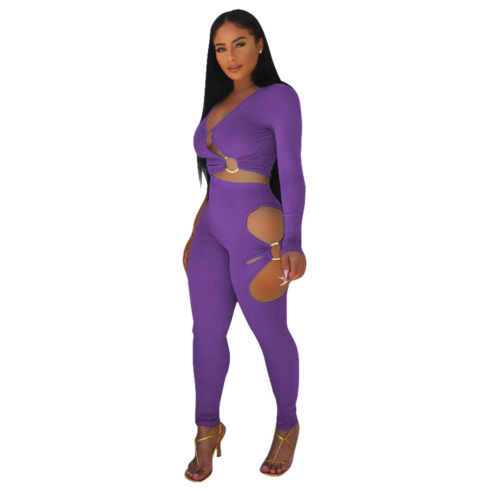 Fashionable Women's Solid Color High-Stretch Ribbed Sexy V-Neck Two-Piece Pants Set 31