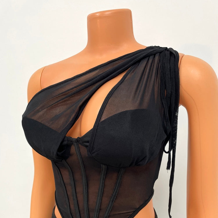 Spring Sexy Black Mesh See Through One Shoulder Sleeveless Corset Top and Ruched Pants Set Wholesale 2 Piece Sets 7