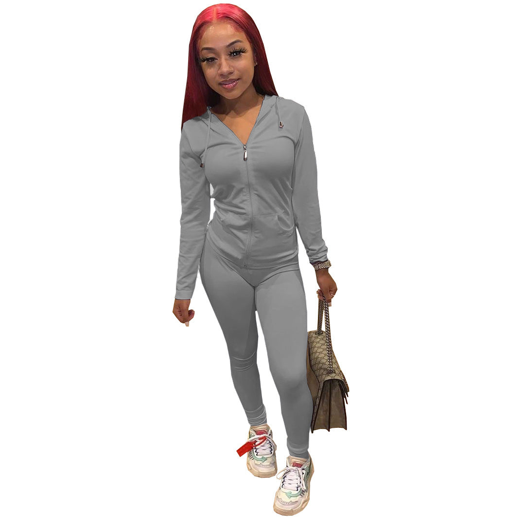 Women Summer Sports Hooded Full Sleeves Solid Pockets Regular Two Piece Pants Set 38