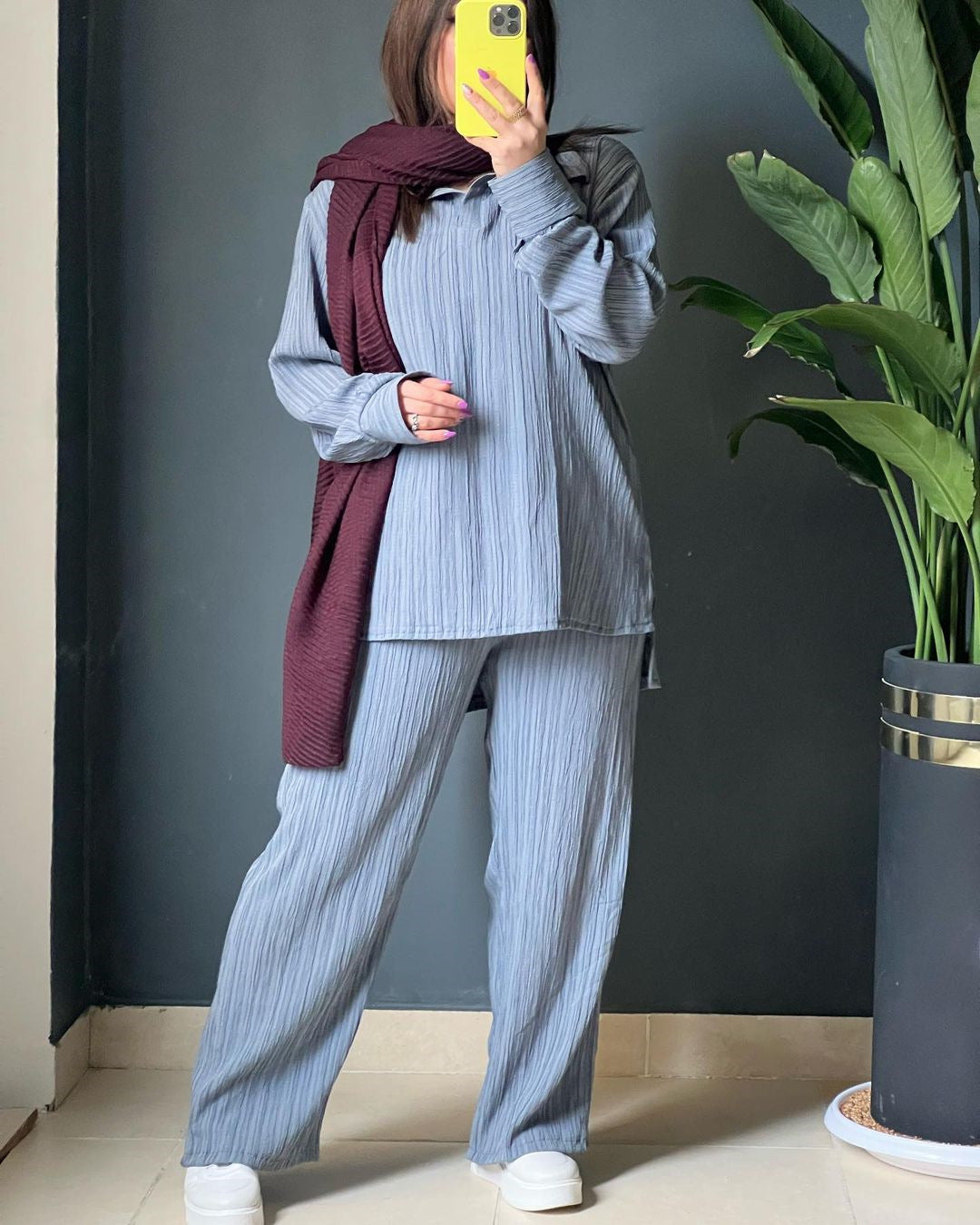 Women Autumn Casual Long Sleeve Turndown Collar Irregular Shirt and Pants Two-piece Set 3