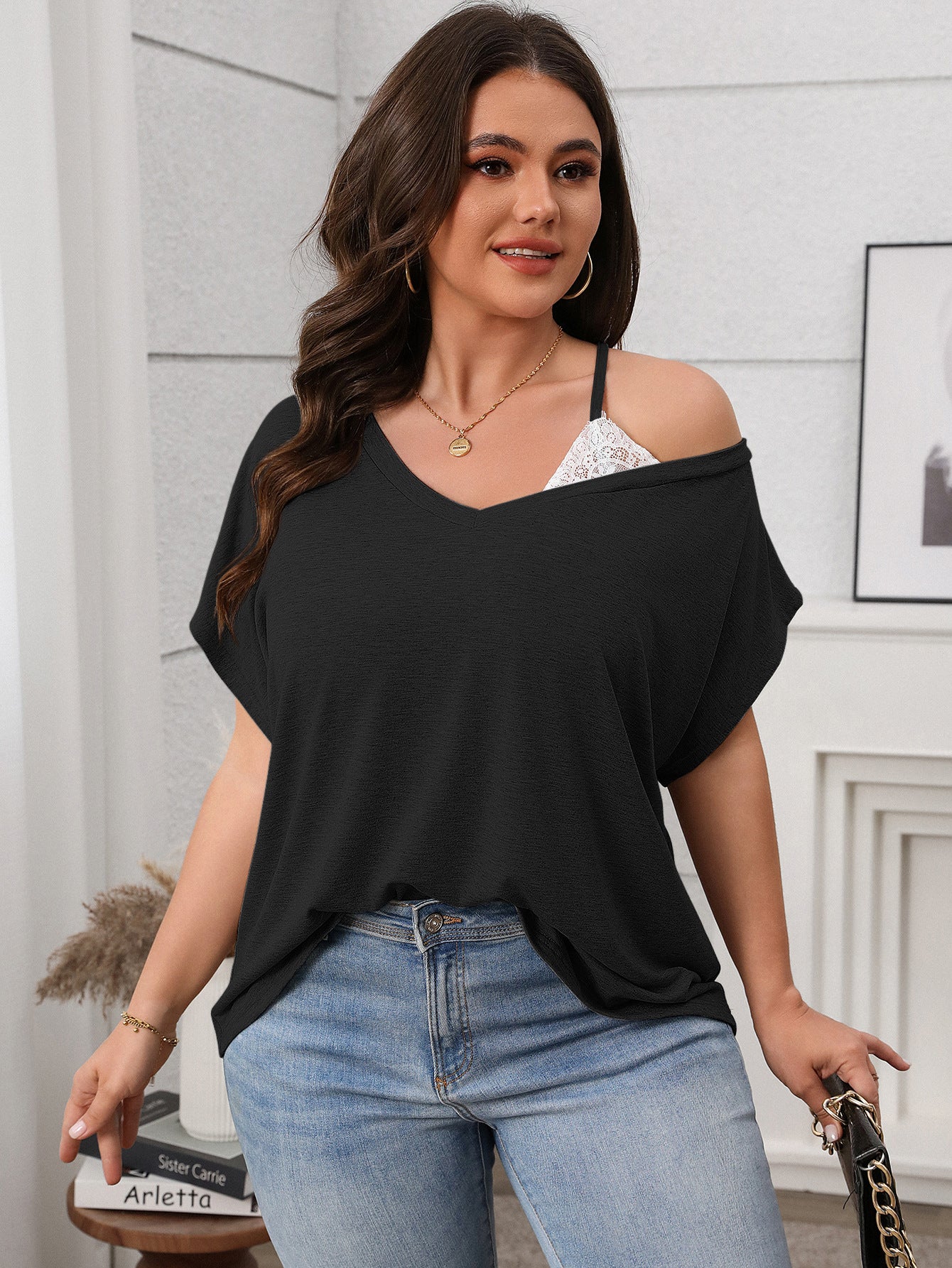 Spring/Summer Women's Plus Size Casual Solid Color Slash Shoulder Bat Sleeve Top 13