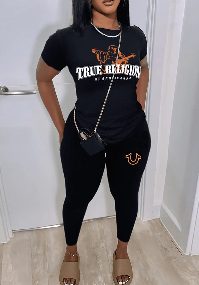 Women sexy printed short-sleeved Top and Pants Two Piece