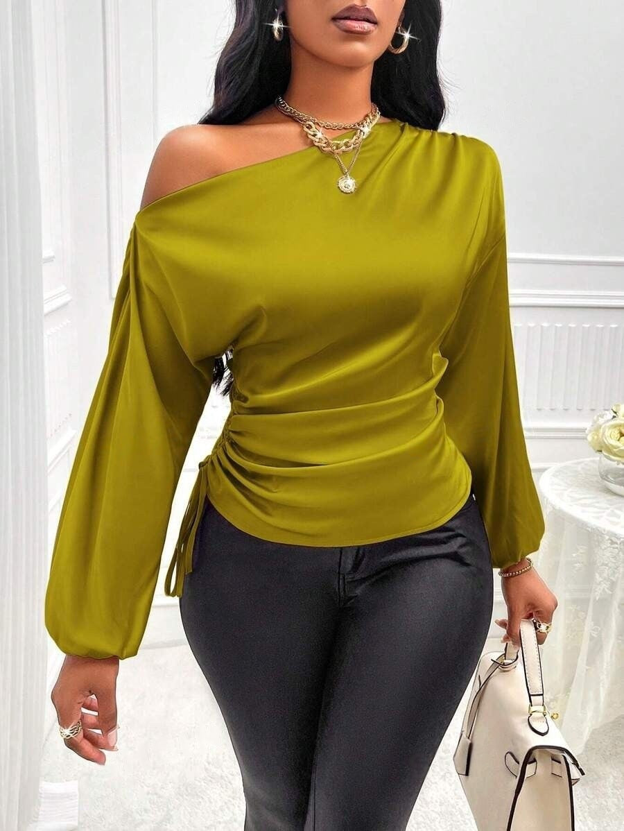 Women's Satin Shirt Asymmetric Slash Shoulder Long-Sleeve Blouse 8
