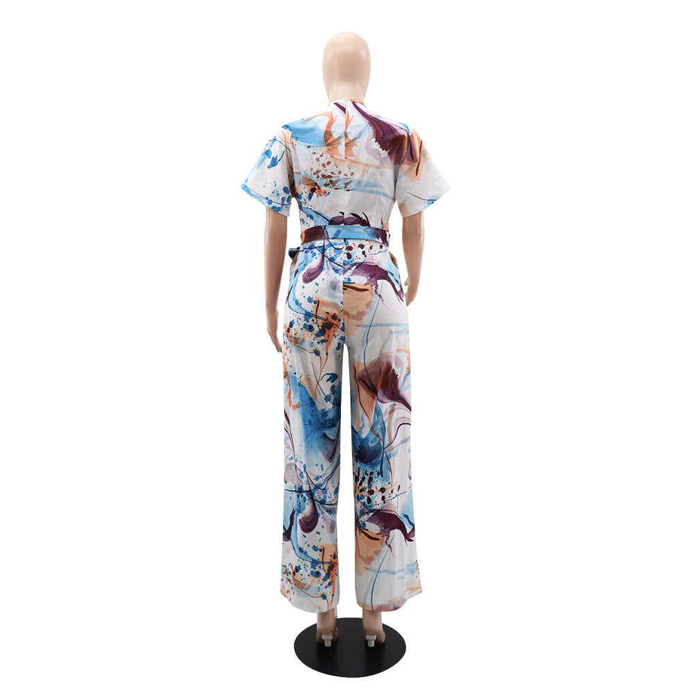 Women Print Lace Up V Neck Short Sleeve Jumpsuit 8