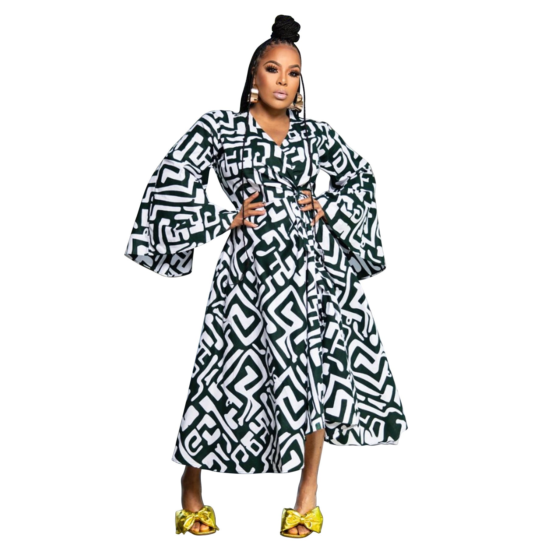 Plus Size African Women's Printed Wrap V-Neck Long Sleeve Maxi Dress 6