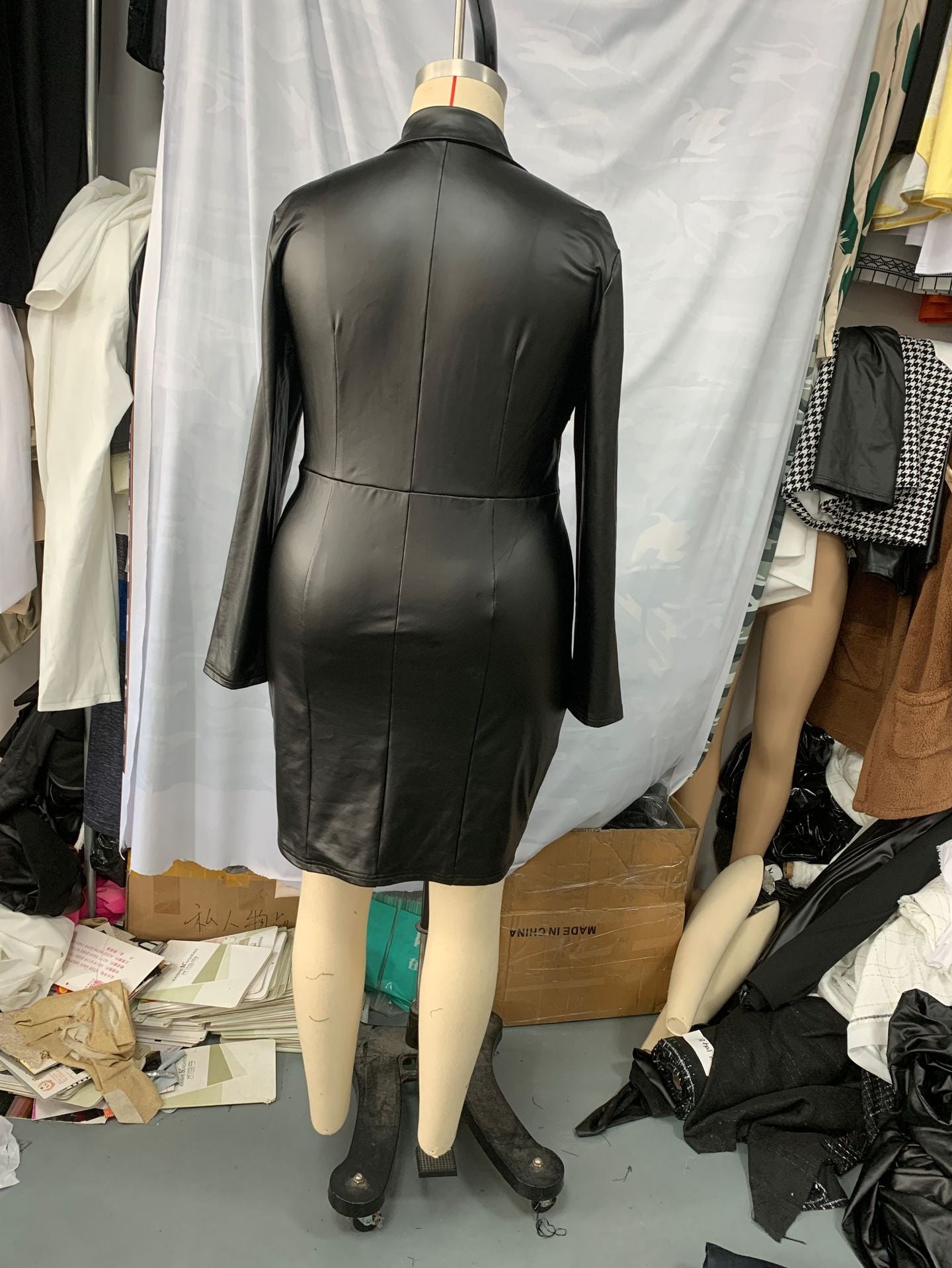 PU Leather V-Neck Bodycon Sexy Dress 6