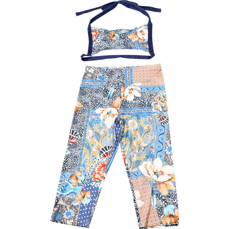 Women's Spring Halter Neck Lace-Up Floral Print Vest Trousers Two P iece Set 10