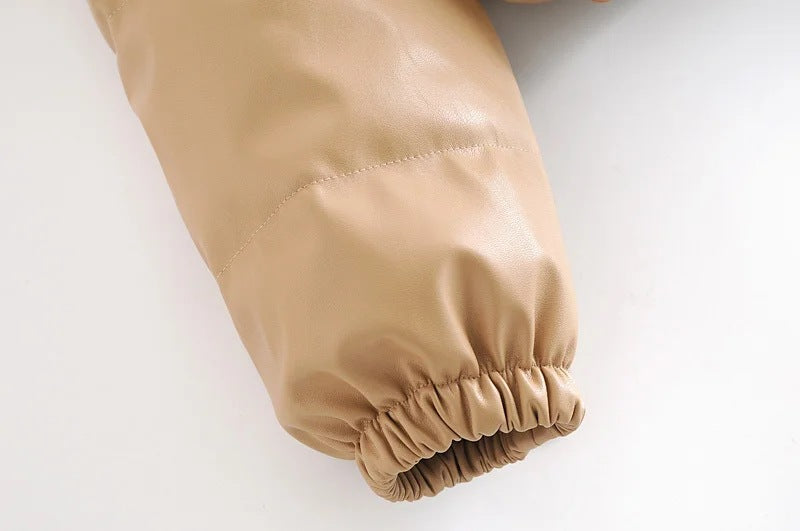 Leather Casual solid color leather cotton-padded Stand Collar jacket 35