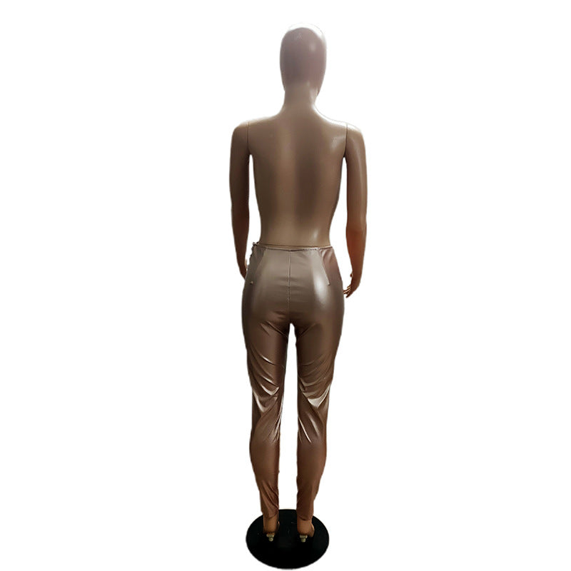 Women Stretch Belted Casual Pu Leather Pants 13