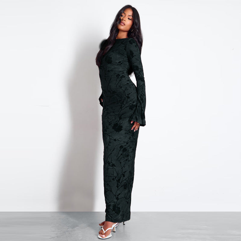 Autumn Round Neck Long-Sleeve Lace-Up Low Back Print Maxi Dress 8