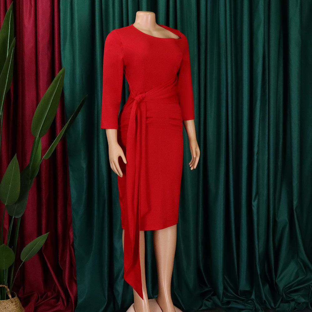 Women's Fall/Winter Solid ol Chic Career Ruched Belted Midi Dress 17