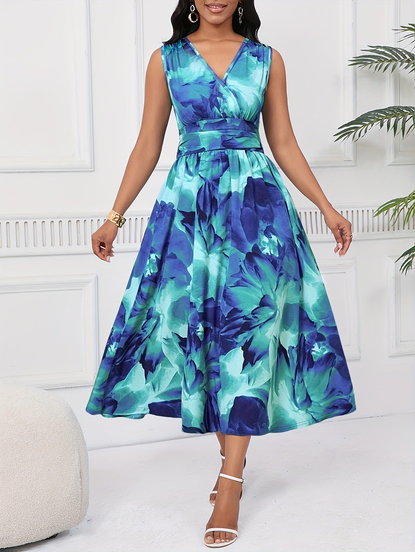 Women Summer Elegant V-neck Petal Print Dress 7