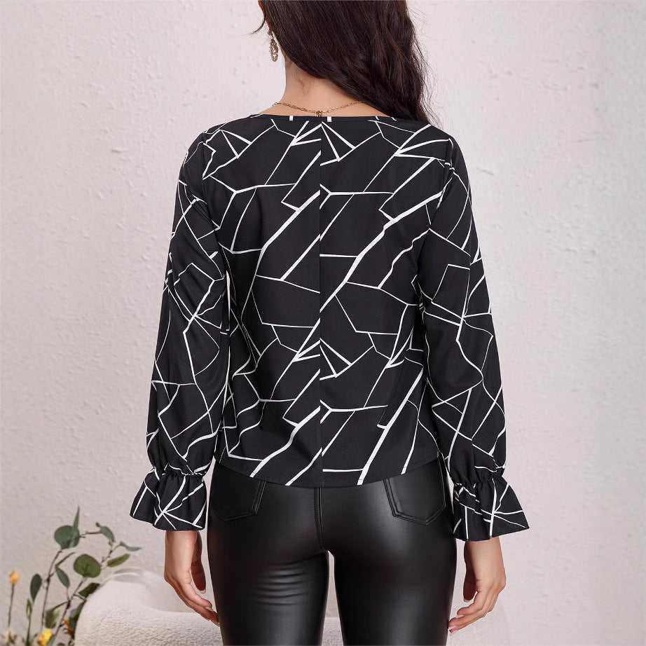 Women woven elegant print v-neck Top