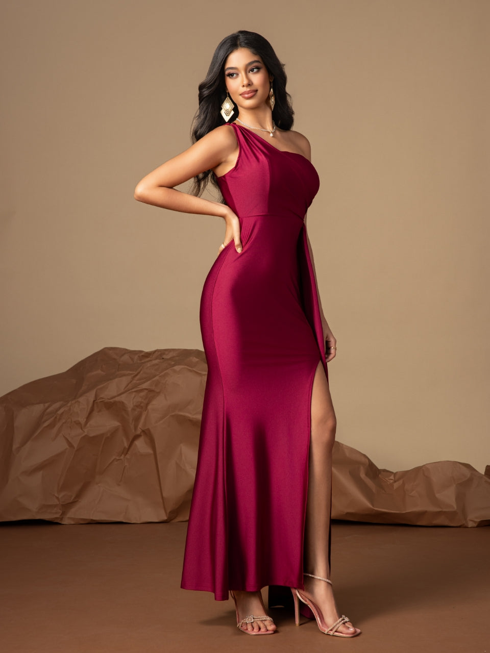 Women sleeveless one-shoulder sexy slit evening dress 7